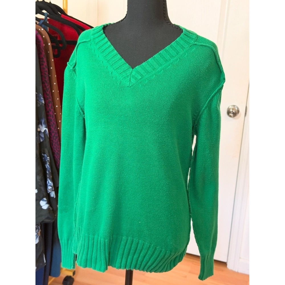 Natural Reflections Green V Neck Sweater Women's Medium Cotton Blend Knit Pullov